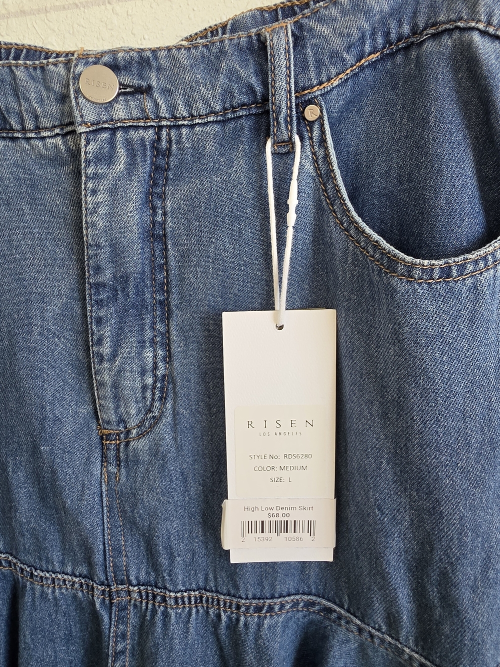 Risen NWT RDS6280 High Low Denim Maxi Skirt Size L Tiered Ruffle - Picture 4 of 7